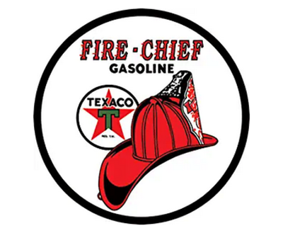 TEXACO FIRE CHIEF ROUND TIN SIGN RUSTIC METAL GAS OIL STATION ENGINE FIGHTER