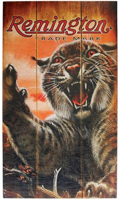 REMINGTON BOBCAT WOOD SIGN HUNTING AND SHOOTING TRADE MARK WOODEN WALL PLAQUE