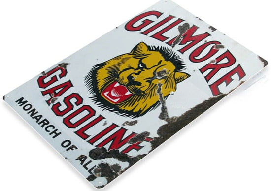 GILMORE GASOLINE TIN SIGN ROAR WITH GILMORE THE RED LION CHAMPION SPEED WINNER