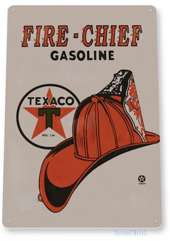 TEXACO TIN SIGN GAS OIL REFINING GAS STATION SERVICE TEXAS FIRE CHIEF STATION