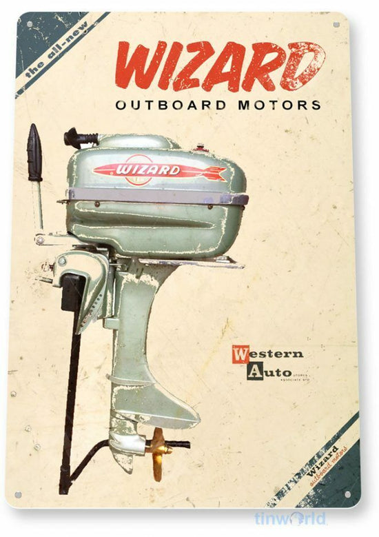 WIZARD OUTBOARD 11 x 8 TIN SIGN AUTO AUTOMOBILE MECHANIC ADVERTISEMENT MOTOR