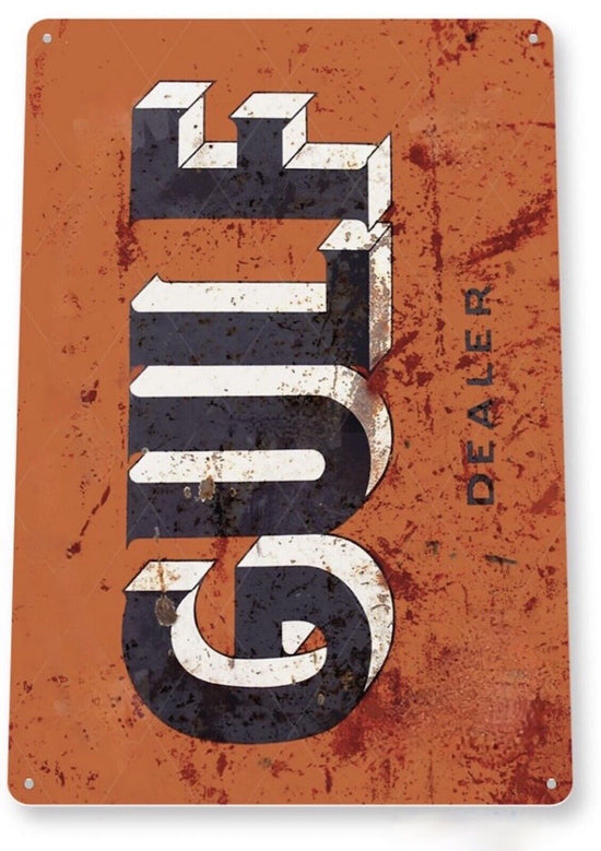 GULF GASOLINE TIN SIGN REFINING COMPANY PITTSBURGH PA SOLD HERE DEALER RUSTIC