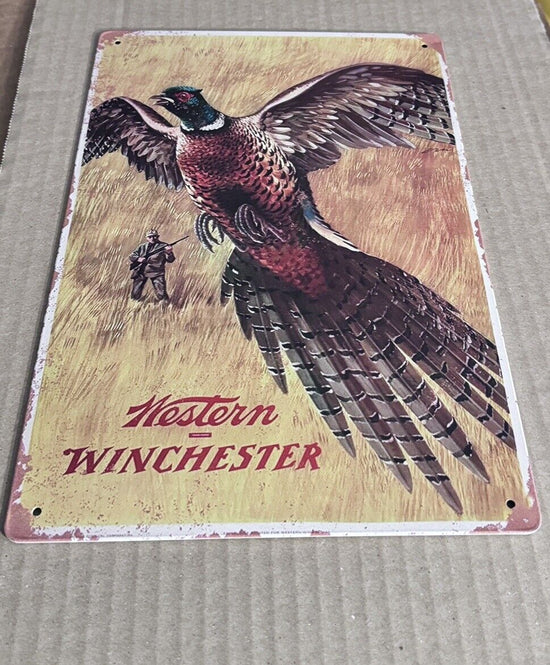 WINCHESTER TIN SIGN PHEASANT HUNTING SHELLS SHOTGUN SEASON HUNTER USED 12x8 Inch