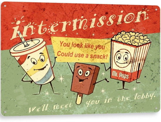 Movie Sign, Movie Snacks Popcorn Soda Ice Cream Cinema Tin Sign Intermission