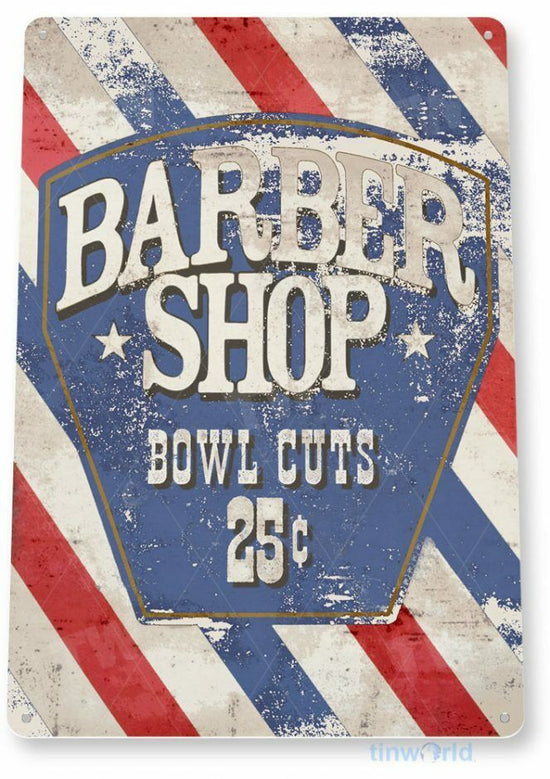 BARBER SHOP TIN SIGN 11X8 BOWL CUT CHAIR HOT SHAVE WELCOME 25 CENTS SATURDAY