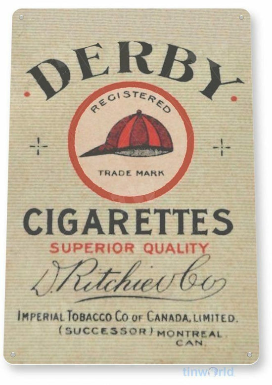 DERBY 11X8 TIN SIGN TOBACCO SNUFF CIGARETTE PIPE TOBACCIANA IMPERIAL COMPANY