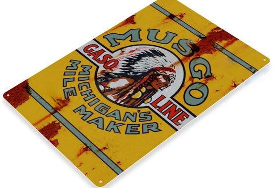 MUSGO GASOLINE TIN SIGN MICHIGANS MILE MAKER OIL GAS MUSKEGON PETROLEUM STATION