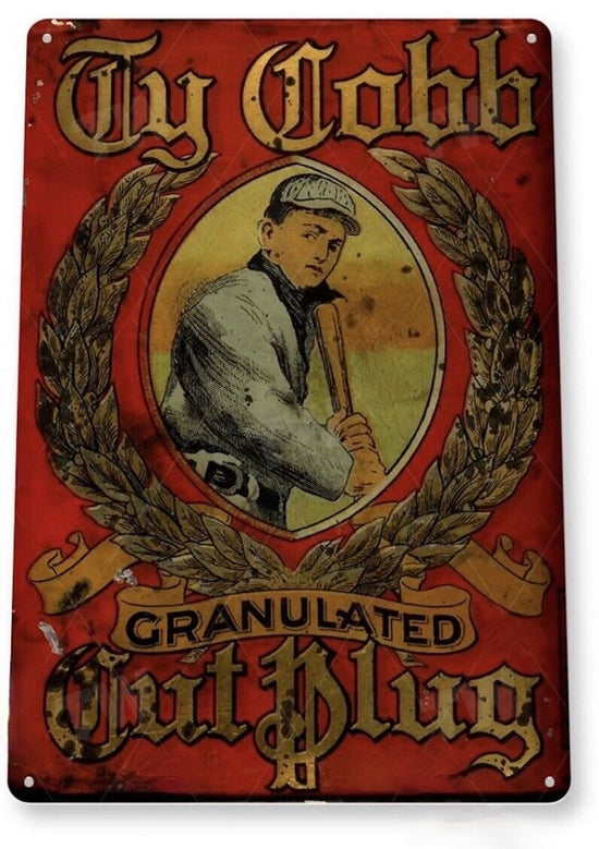 TY COBB PLUG TOBACCO TIN SIGN GRANULATED CUT GEORGIA PEACH DETROIT TIGERS CHEW