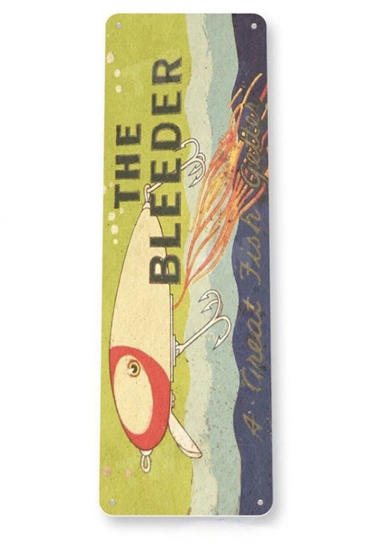 THE BLEEDER 16 X 8 INCH TIN SIGN FINE FISHING TACKLE CATCH FISH LURE BASS