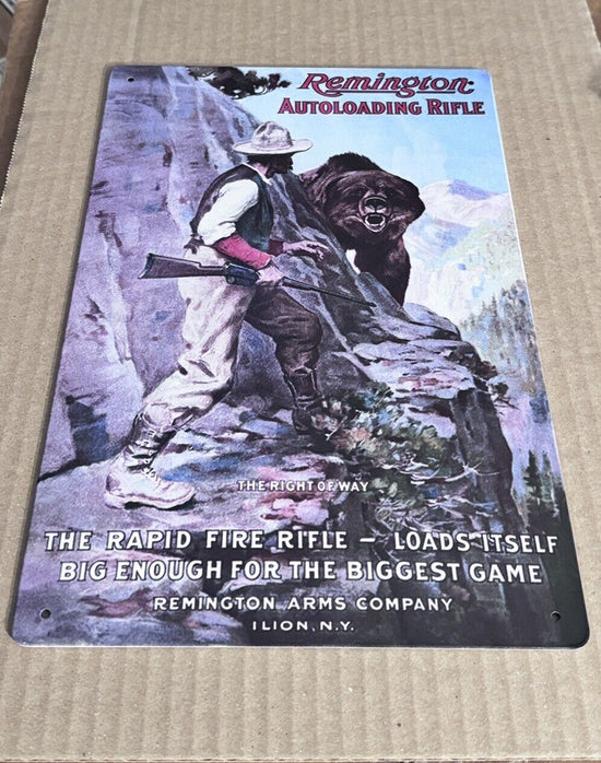 REMINGTON RIGHT OF WAY TIN SIGN RIFLES AMMUNITION SHELL FIREARMS  BEAR