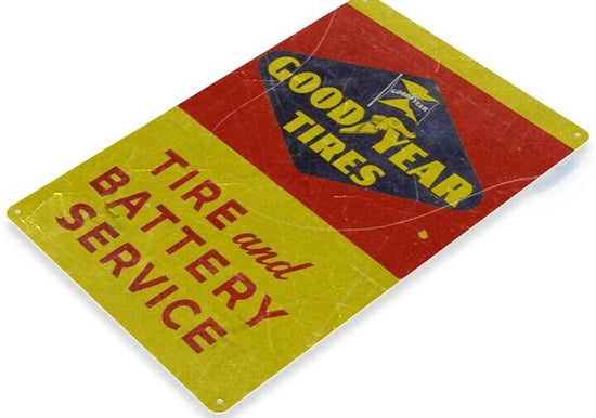 GOODYEAR TIN SIGN TIRE RUBBER BATTERY SERVICE CHARLES VULCANIZED NASCAR FORMULA
