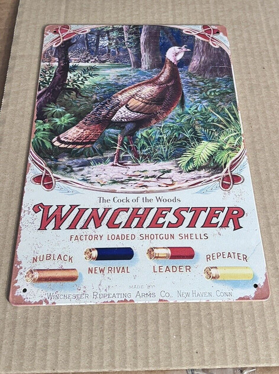 WINCHESTER TIN SIGN WILD TURKEY HUNTING SHELLS SHOTGUN SEASON USED 12x8 Inch