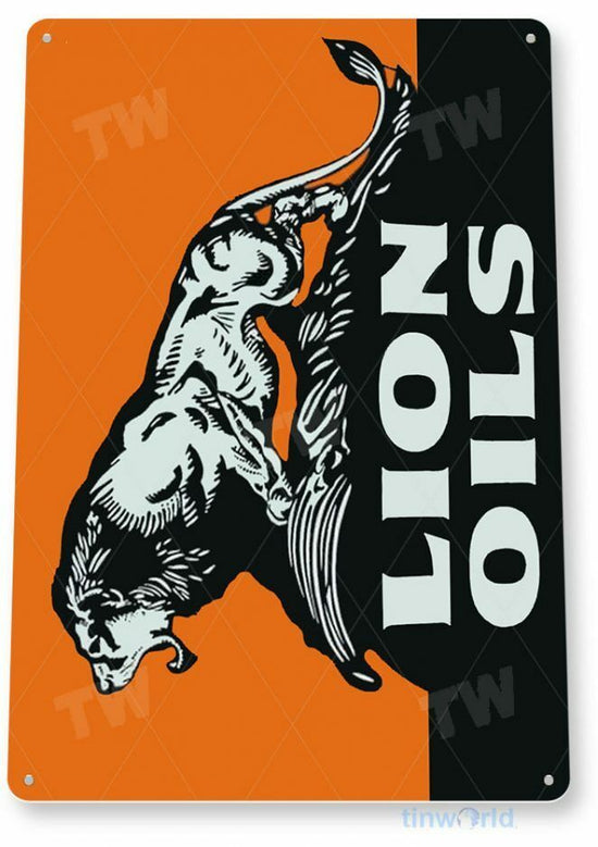 LION OILS 11 X 8 TIN SIGN AUTO AUTOMOBILE MECHANIC ADVERTISEMENT CAR GAS AND OIL