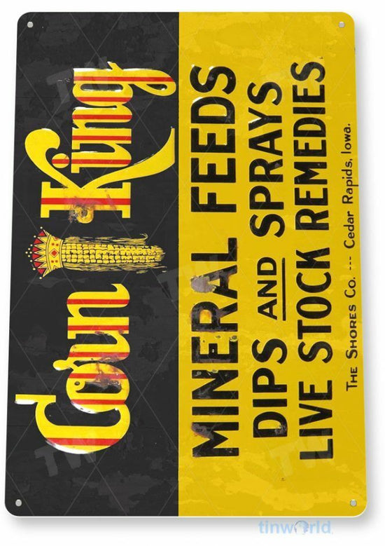 CORN KING MINERAL FEEDS 12x18 in TIN SIGN AUTO AUTOMOBILE MECHANIC ADVERTISEMENT