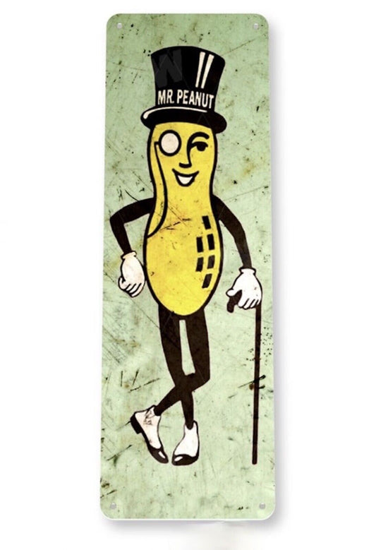 PLANTERS MR PEANUT TIN SIGN 11X4 INCHES MIXED NUTS COCKTAIL TOP HAT JAR