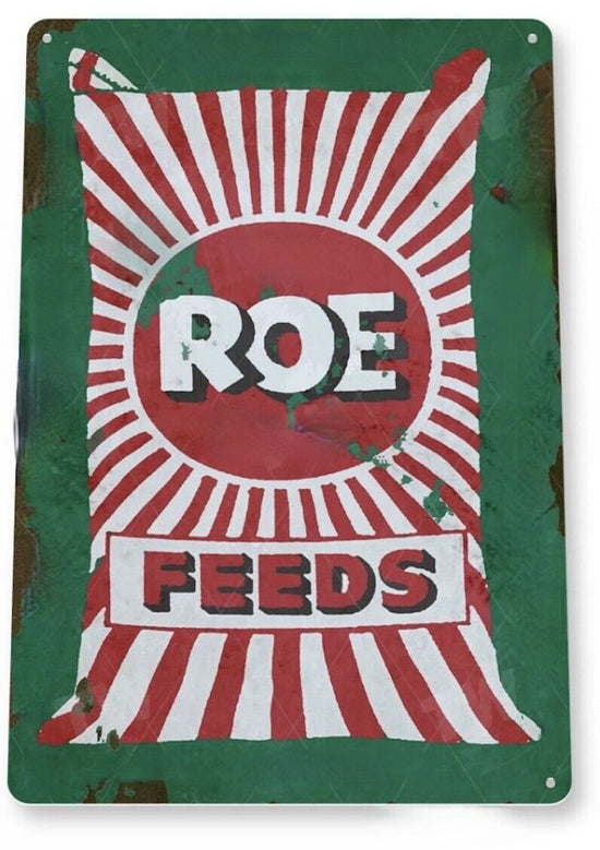 ROE FEEDS TIN SIGN  FARM SERVICE ANTIQUE COUNTRY IN OUR FIELD SEED HARVEST GRAIN