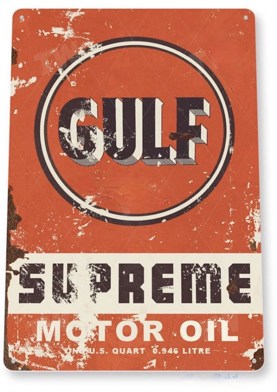 GULF GASOLINE TIN SIGN REFINING COMPANY PITTSBURGH PA SOLD HERE RUSTIC OIL