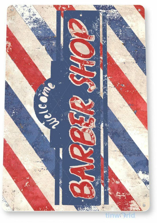 BARBER SHOP TIN SIGN 11X8 BOWL CUT CHAIR HOT SHAVE WELCOME WE ARE OPEN TODAY