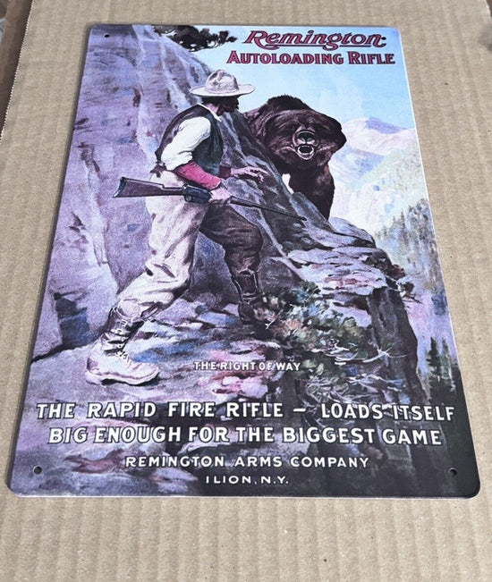 REMINGTON RIGHT OF WAY TIN SIGN RIFLES AMMUNITION FIREARMS  BEAR USED 12x8 Inch