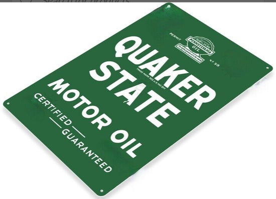 QUAKER STATE TIN SIGN MOTOR OIL CERTIFIED GUARANTEED CHANGE FILTER STATION