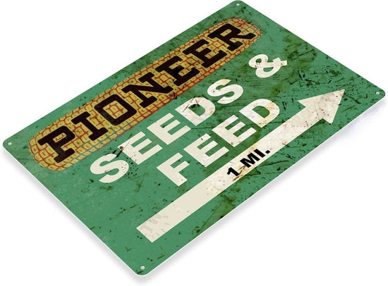 PIONEER FEED AND SEEDS TIN SIGN AG AGRICULTURE FARM GROWERS CORN GRAIN FIELD