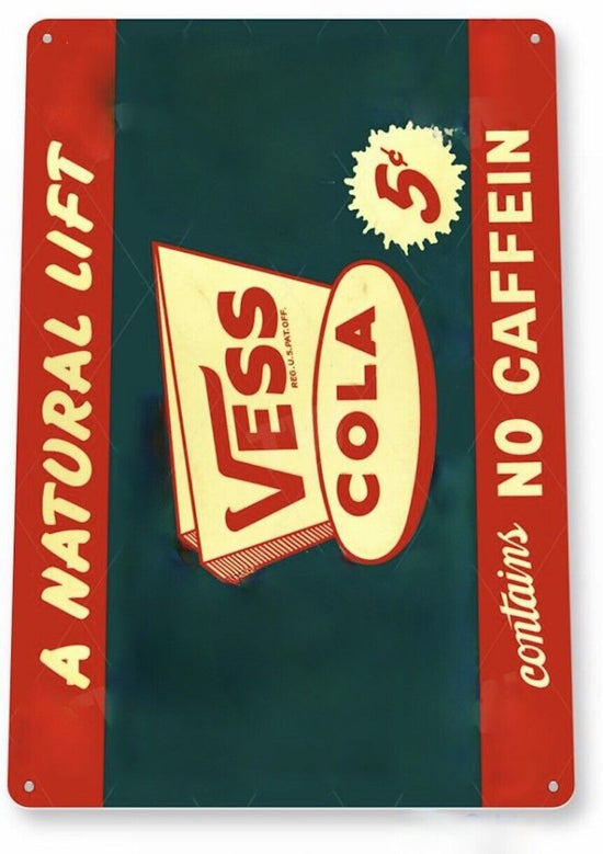 VESS COLA TIN SIGN A NATURAL LIFT NO CAFFEINE WHISTLE ORANGE SODA ST LOUIS MO
