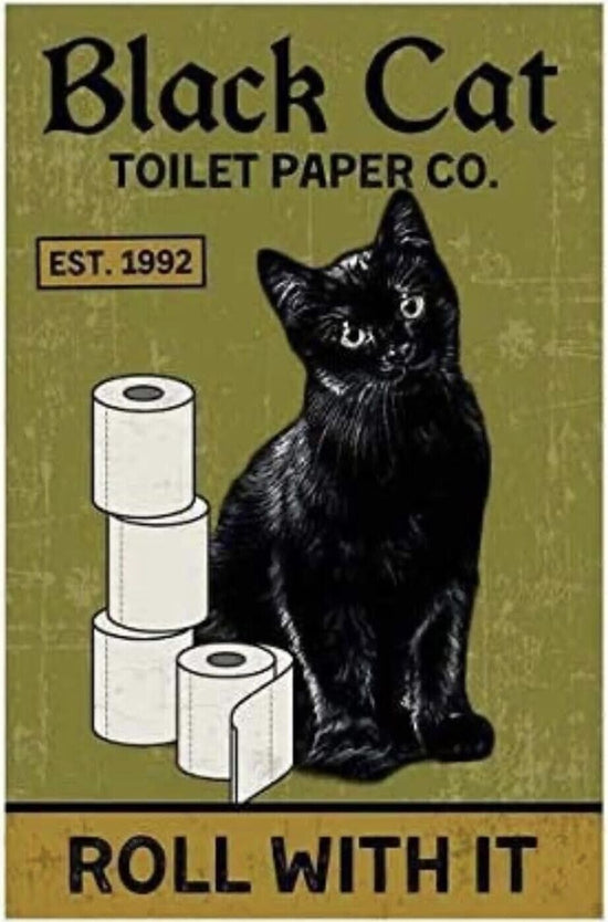 BLACK CAT TOILET PAPER TIN SIGN ROLL WITH IT WASH YOUR PAWS SPRAY AFTER BATHROOM
