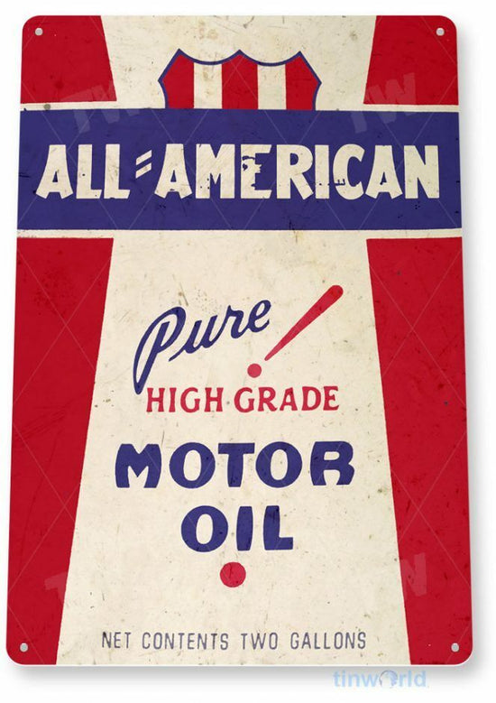 ALL AMERICAN OIL 11 x 8 TIN SIGN AUTO AUTOMOBILE MECHANIC ADVERTISEMENT MOTOR
