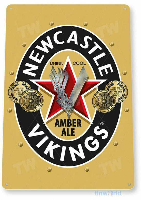 NEW CASTLE AMBER ALE 11X8 TIN SIGN CALEDONIAN BREWING COMPANY BREWERY VIKINGS
