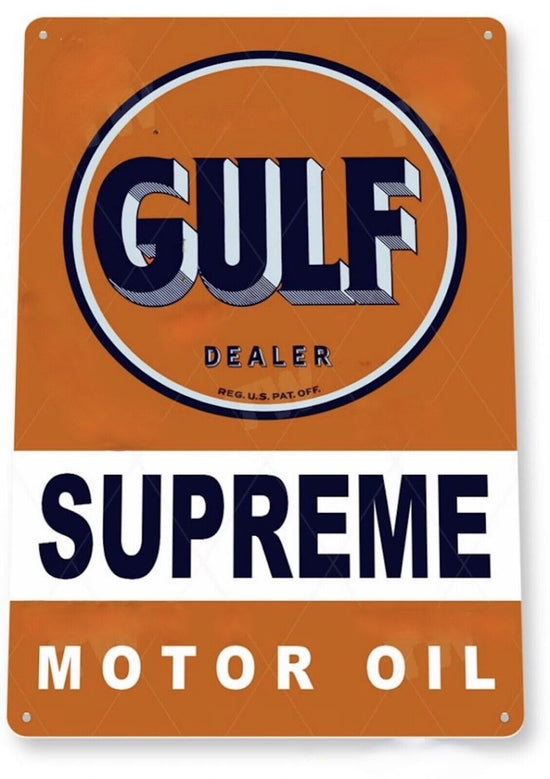 GULF GASOLINE TIN SIGN REFINING COMPANY PITTSBURGH PA SOLD HERE DEALER SUPREME