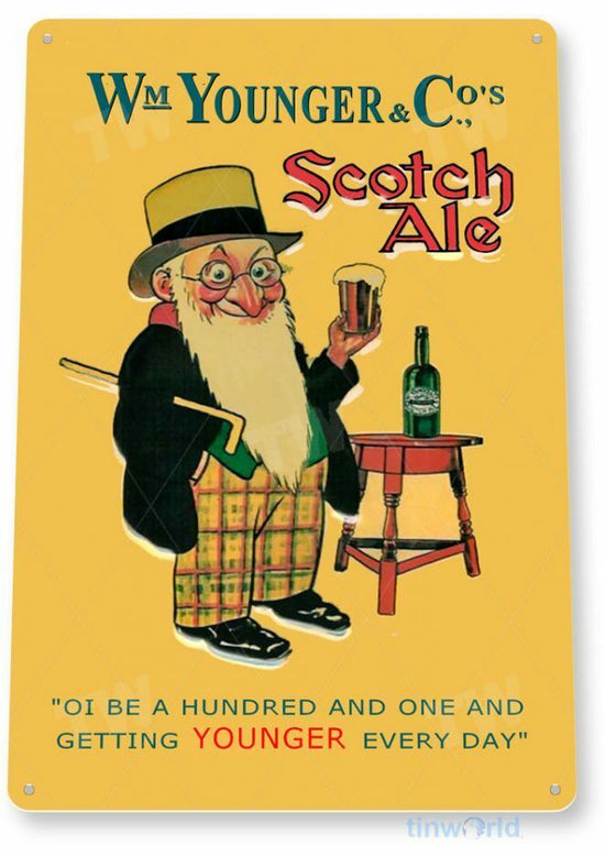 WM YOUNGER AND COMPANIES 11X8 TIN SIGN SCOTCH ALE EDINBURGH NEWCASTLE GETTING