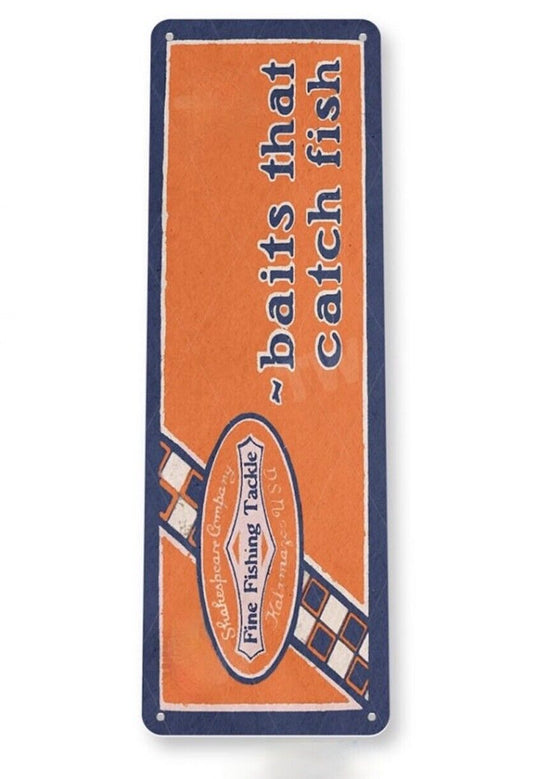 SHAKESPEARE COMPANY 16 X 8 INCH TIN SIGN FINE FISHING TACKLE CATCH FISH LURE