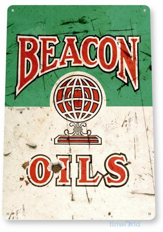 BEACON OILS 11 x 8 TIN SIGN AUTO AUTOMOBILE MECHANIC ADVERTISEMENT MOTOR LUBE
