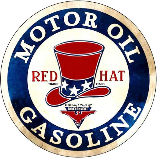RED HAT GASOLINE ROUND TIN SIGN MOTOR OIL GAS TOP PUMP GLOBE SERVICE STATION