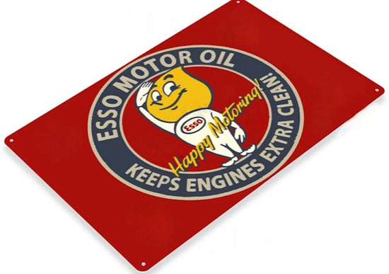 ESSO MOTOR OIL TIN SIGN KEEPS ENGINES EXTRA CLEAN HAPPY MOTORING GAS SERVICE