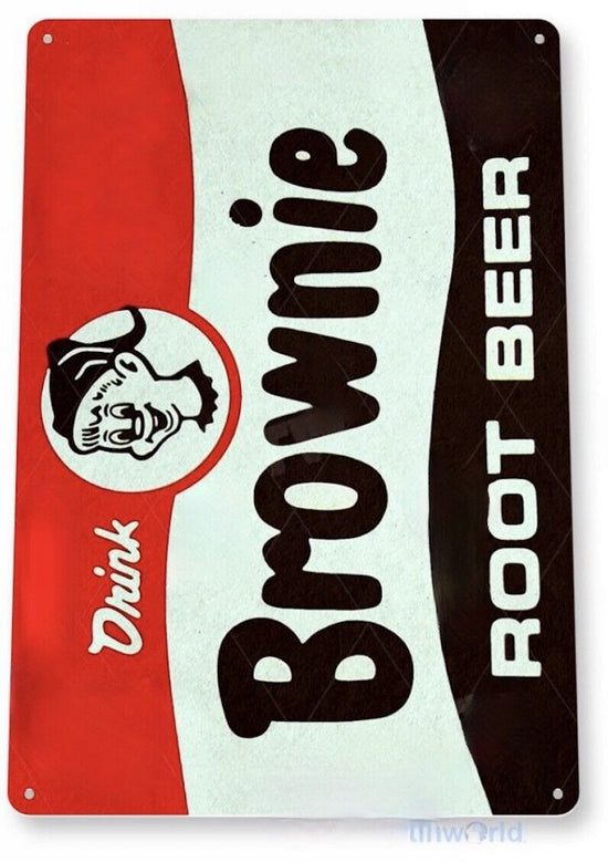 BROWNIE ROOT BEER TIN SIGN COLD BREWED CARAMEL CREAM ATLAS BEVERAGE CO MICHIGAN