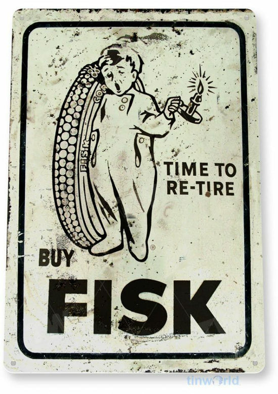 FISK TIRES 11 x 8 TIN SIGN AUTO AUTOMOBILE MECHANIC ADVERTISEMENT RUBBER RIM