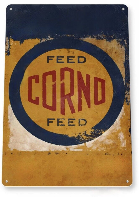 CORNO FEED TIN SIGN AG BUSINESS RUSTIC TRACTOR EAST SAINT LOUIS ILLINOIS 12x18