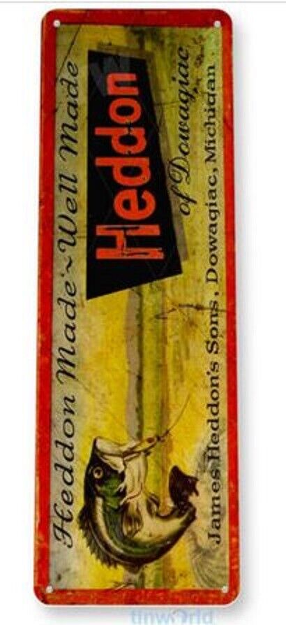 HEDDON FISHING LURE TIN SIGN 6x18 inch PLUG TOP WATER DIVING STICK BAIT BEER