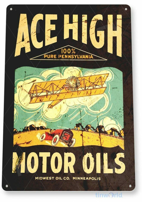 ACE HIGH MOTOR OILS 11 x 8 TIN SIGN AUTO AUTOMOBILE MECHANIC ADVERTISEMENT