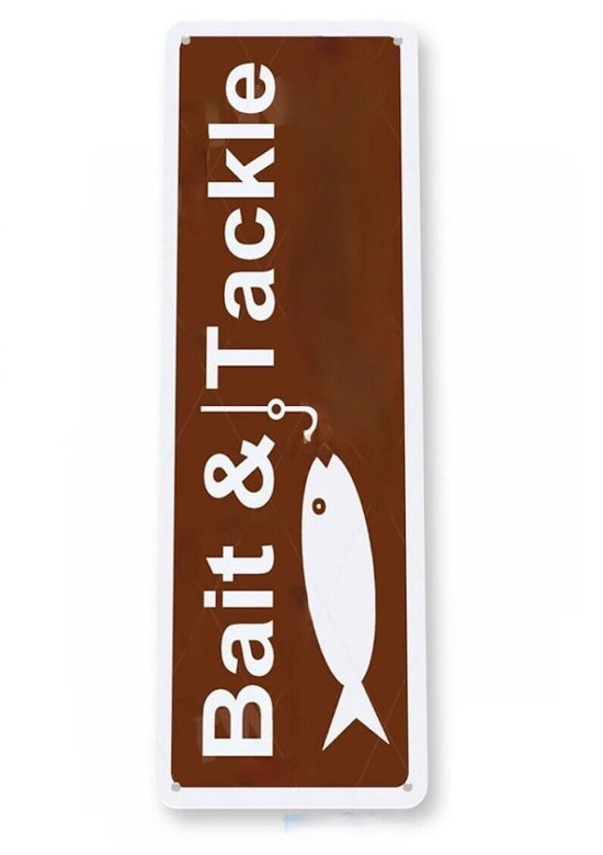 BAIT & TACKLE 11x4 inch TIN SIGN FISHING TACKLE ROD REEL BEER BAIT AMMO LICENSE