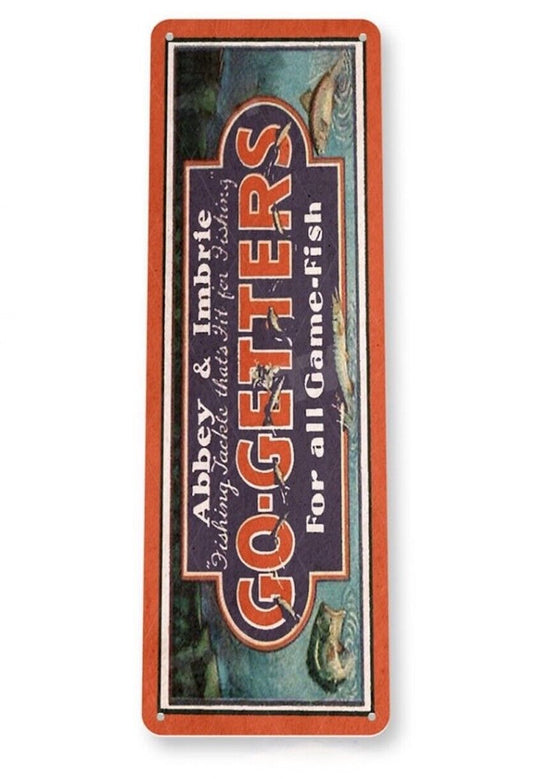 ABBEY & IMBRIE GO-GETTER FISHING LURE TIN SIGN FROG GHOST MR LURE CRAB 6x18 inch