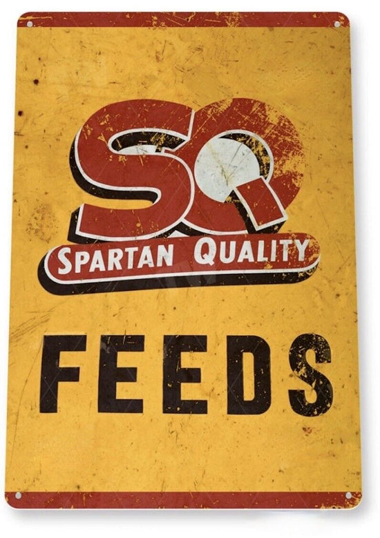 SPARTAN QUALITY FEEDS TIN SIGN 1914 FRETWELL PURINA FED FARM ANIMALS 77 YEARS