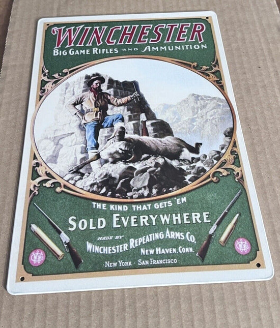 Tin Metal Sign Winchester guns ammunition Game Rifle Pistol Sheep Used sign 12x8