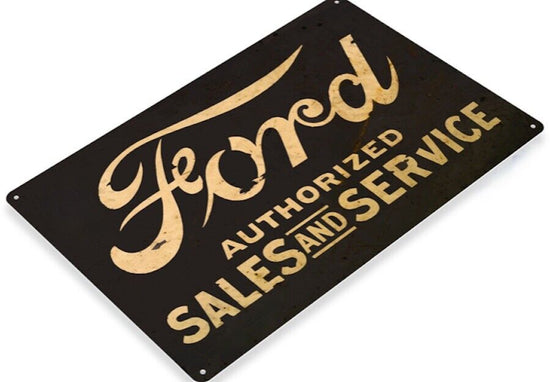 FORD AUTHORIZED SALES AND SERVICE TIN SIGN MUSTANG MODEL T RANCHERO GT40 12x18