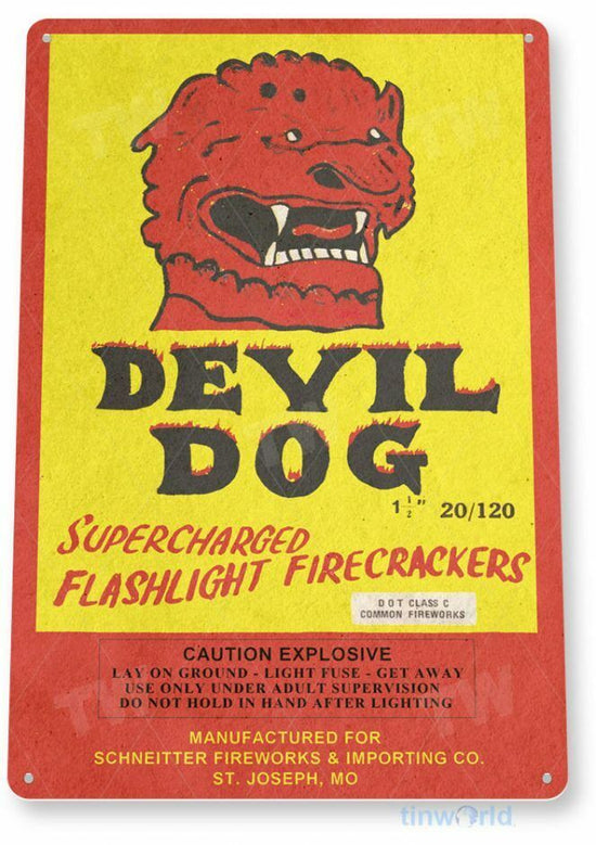 DEVIL DOG FIRECRACKERS 11 x 8 TIN SIGN AUTO AUTOMOBILE MECHANIC ADVERTISEMENT