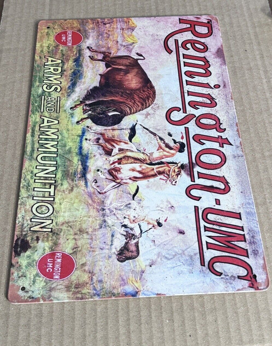 REMINGTON TIN SIGN UMC  ALL TIMES NEW YORK ARMS AND AMMUNITION INDIAN USED 12x8