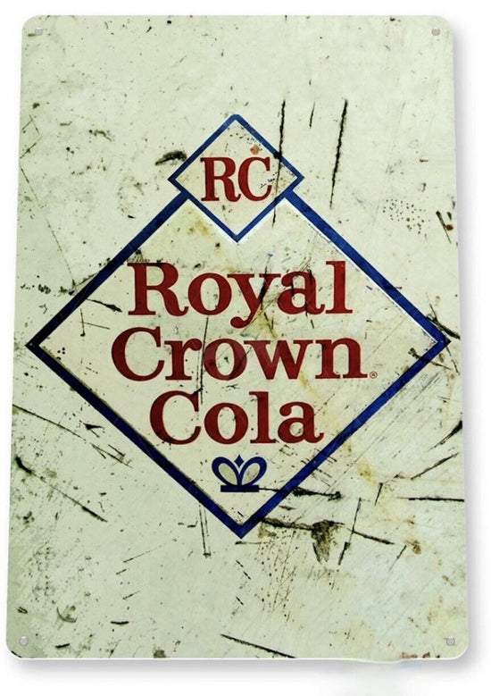 RC COLA TIN SIGN DRINK THE FRESHER REFRESHER ROYAL CROWN DIAMOND LOGO BOTTLE AD