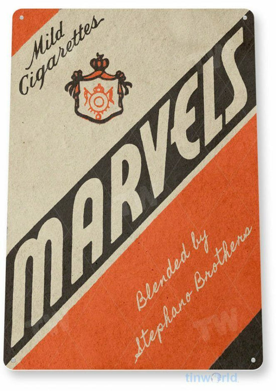 MARVELS 11X8 TIN SIGN TOBACCO SNUFF CIGARETTE PIPE TOBACCIANA DEALER SOLD HERE