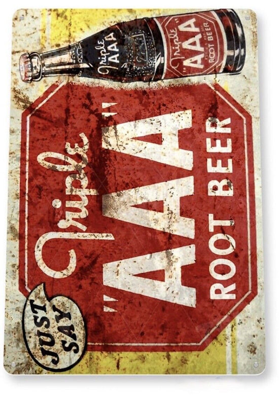 AAA ROOT BEER TIN SIGN COLD BREWED OLD FASHIONED JUST SAY TRIPLE PLAY SODA STORE